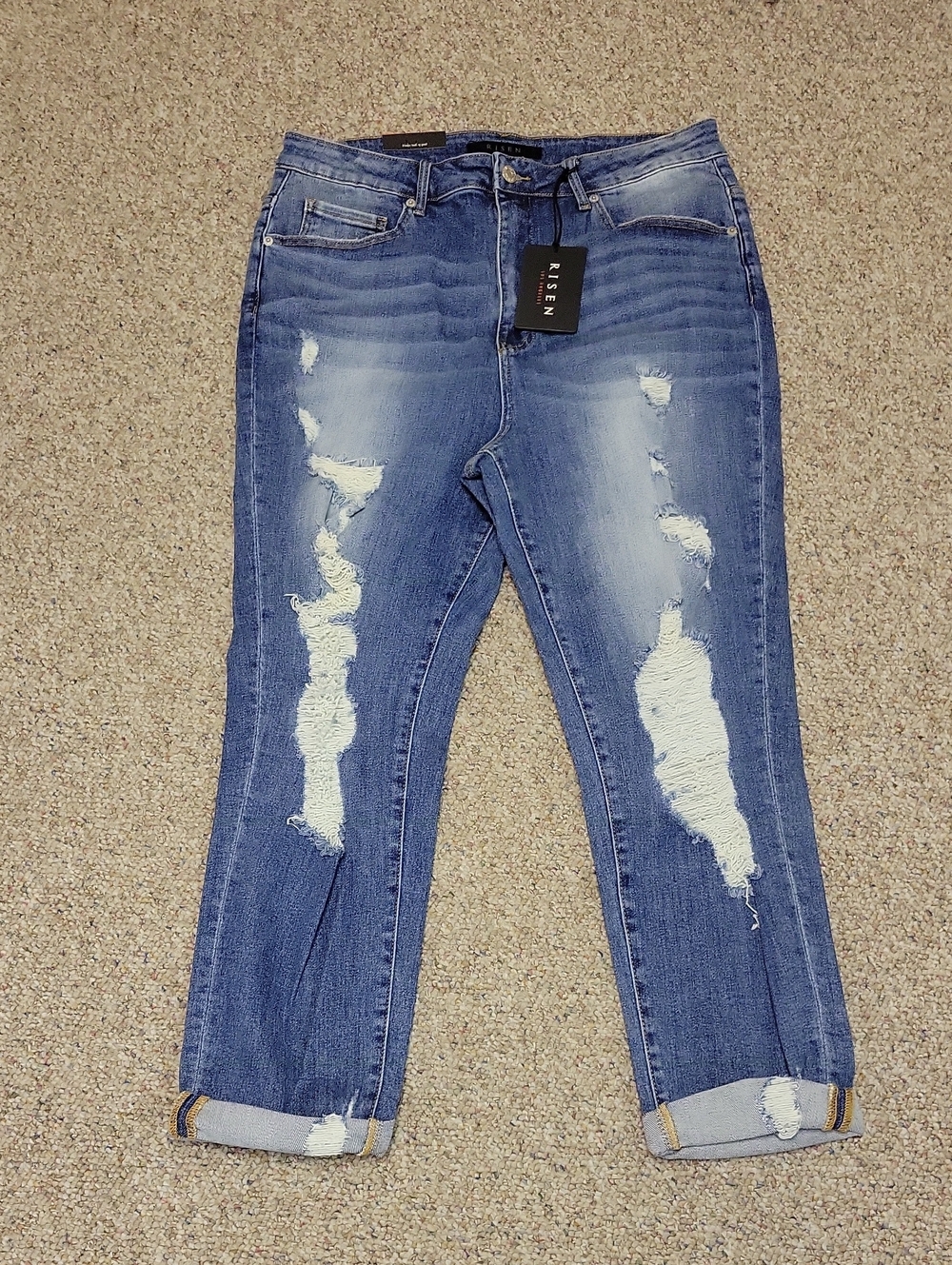 Risen Women's Distressed Blue Relax Fit Roll Up Skinny Jeans 1XL. New Stretch
